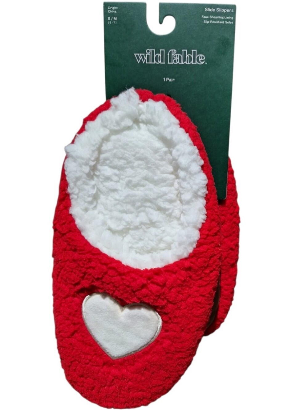 Wild Fable Faux-Shearling Lining Red Heart Slippers- Slip-Resistant
